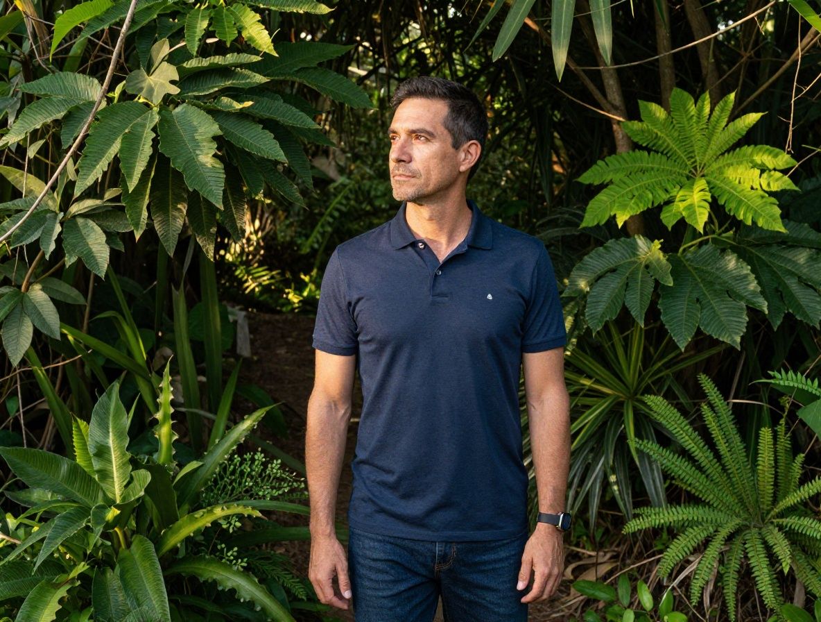 Hombre activo de mediana edad caminando por un sendero natural rodeado de vegetación exuberante con luz solar matutina filtrándose entre los árboles